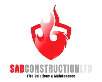 Logo of SAB Construction Ltd featuring a red shield with flames and a phoenix alongside the text Fire Solutions and Maintenance representing fire safety measures and services for five essential needs